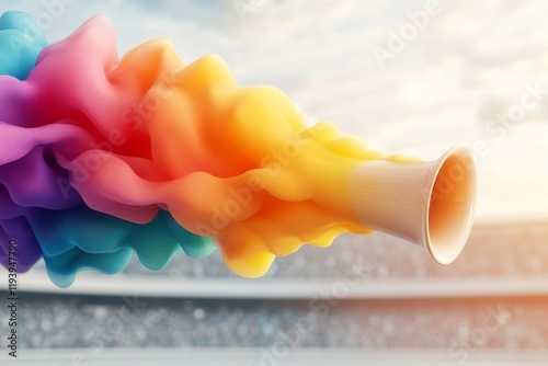 A 3D-rendered depiction of a vuvuzela mid-blow, with colorful sound waves visually emanating and creating a ripple effect in a stadium setting photo