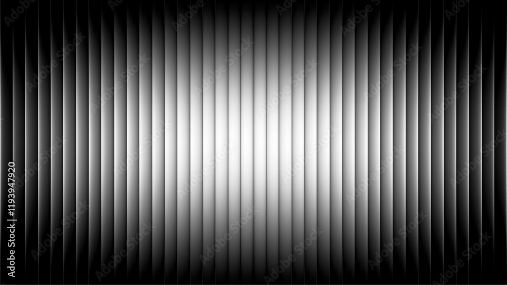 Black and white ribbed fractal texture with glass effect and bright smooth fluted vertical gradient lines. Minimalist monochrome abstract design blending geometric symmetry and soft light transitions