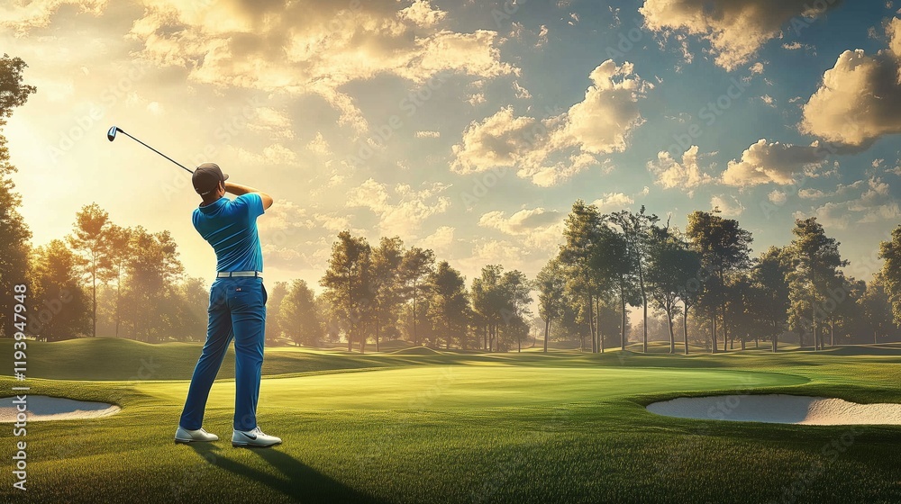 Skilled Golfer Swinging on a Picturesque Golf Course at Sunset with Dramatic Clouds Skilled Golfer Swinging on a Picturesque Golf Course at Sunset with Dramatic Clouds