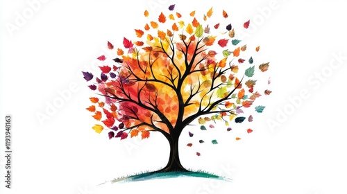 A tree with falling leaves, symbolizing the beauty of faith and letting go, with vibrant colors representing hope and divine timing.