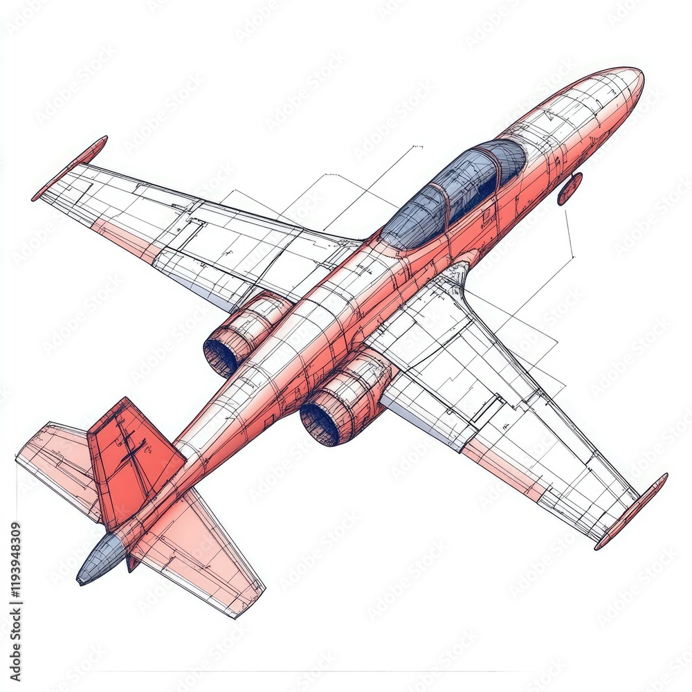 Technical Drawing of a Red Jet Airplane: A Detailed Isometric View of a Modern Aircraft Design Technical Drawing of a Red Jet Airplane: A Detailed Isometric View of a Modern Aircraft Design