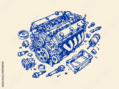 Car Parts Waste Hand Drawn Sketch Illustration Vector Isolated