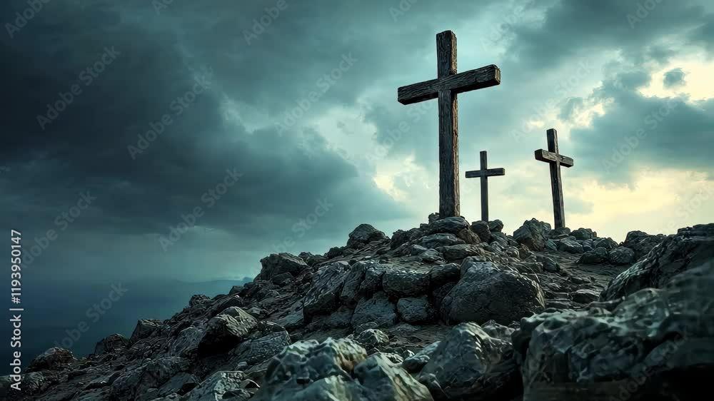 Three Crosses on a Hilltop: Three weathered wooden crosses stand silhouetted against a dramatic, stormy sky atop a rocky hill, evoking a sense of solemnity, faith, and reflection. 