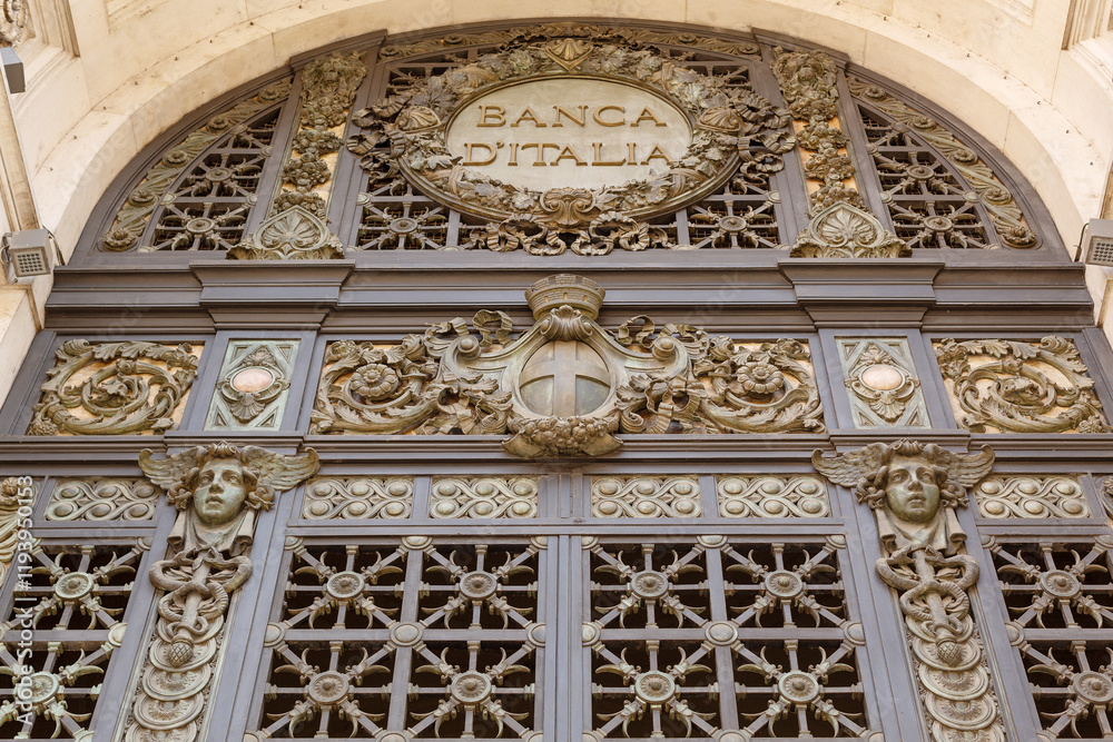 Details of the ornate front door metal grate of the Banca D’Italia building, Milan