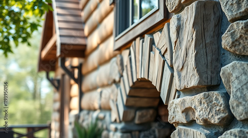 Rustic Log Cabin Exterior with Stone Arch Detail: A Charming Countryside Home photo