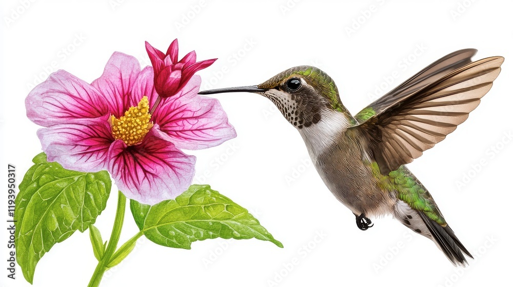 Fototapeta premium Hummingbird Hovering Near Vibrant Pink Hibiscus Flower