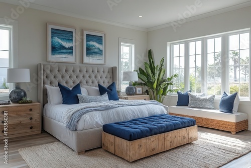 coastalinspired modern bedroom adorned with navy blue pillows reflecting serene seaside vibes bathed in soft natural light creating a tranquil retreat photo