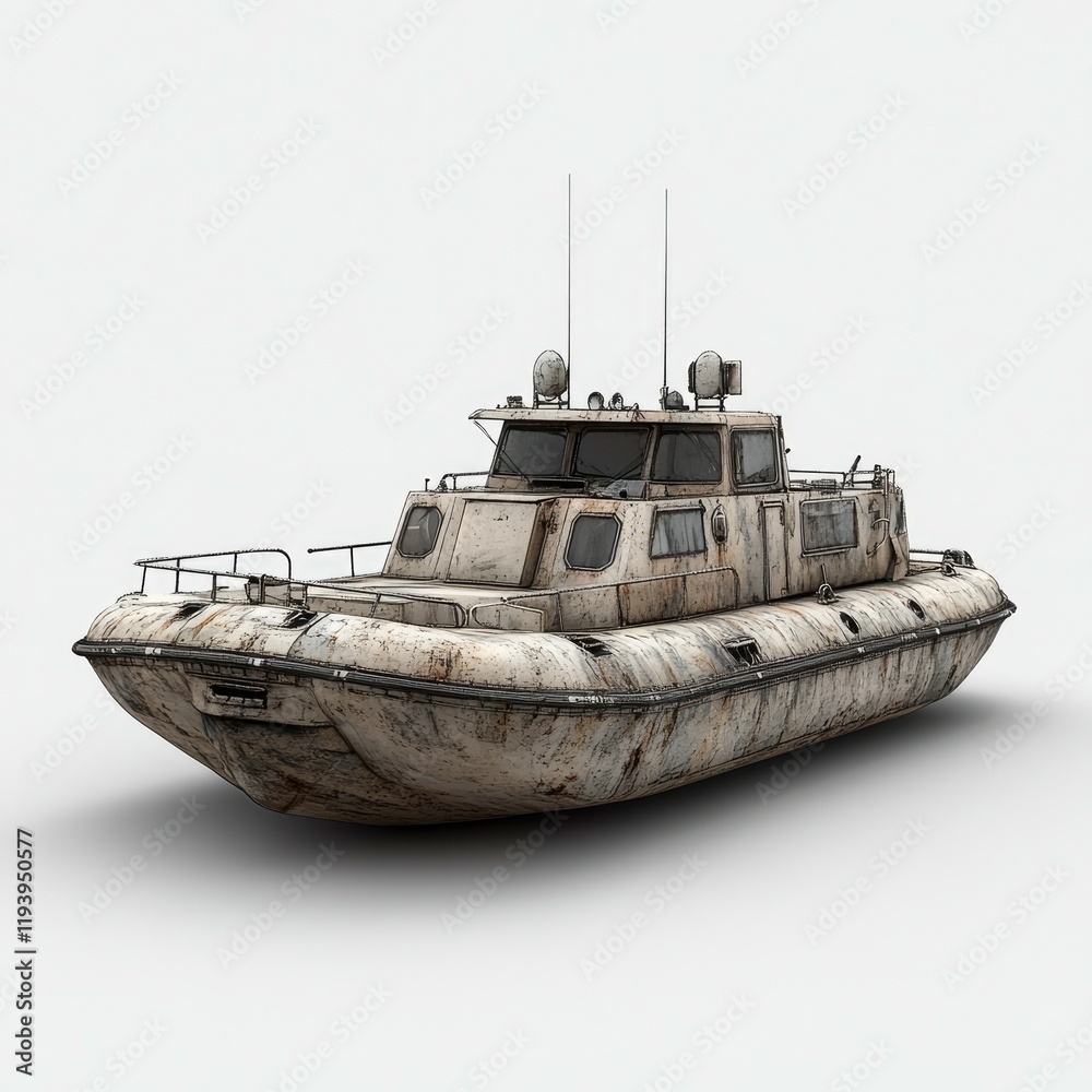 Fototapeta premium Weathered Patrol Boat: A Vintage Vessel on Calm Waters. A weathered military boat, showing signs of age and use, sits majestically on tranquil waters.