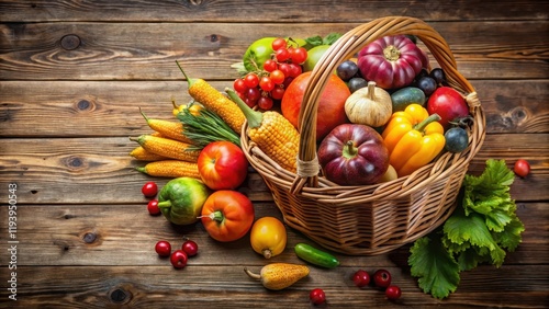 Freshly harvested seasonal fruits and vegetables arranged in a colorful basket on a rustic wooden table, wood, vegetables
