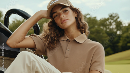 A relaxed pose of a model sitting on a golf cart, wearing a stylish polo shirt and cap with a sporty vibe