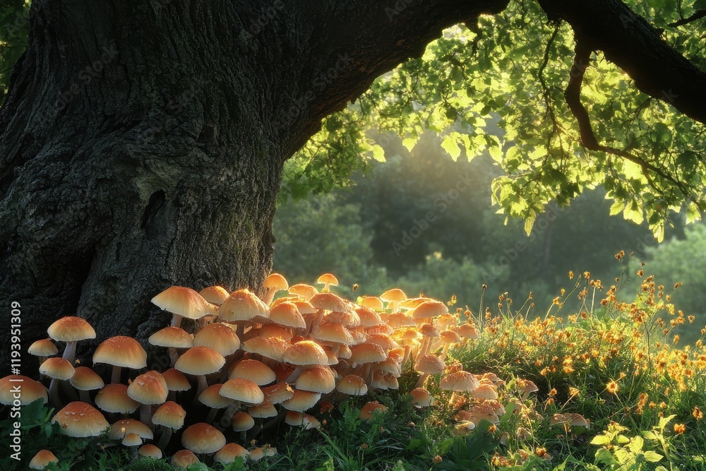 Obraz premium Cluster of mushrooms at tree base, bathed in sunlight. Ideal for nature, fantasy, or fairytale themes.