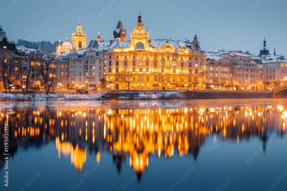 Fototapeta premium A dramatic view of Theatre Vltava at dusk, with its ornate facade glowing under warm golden lights, reflected in the nearby river
