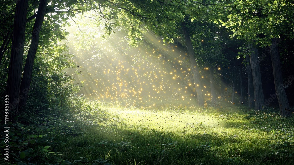 Fototapeta premium Enchanted Forest Scene with Sunlight Filtering Through Tree Canopy and Illuminating Floating Particles in a Mysterious Natural Environment