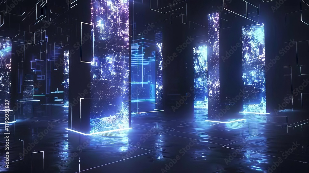 Obraz premium A futuristic digital landscape with glowing pillars and abstract visuals reflecting on a dark surface.