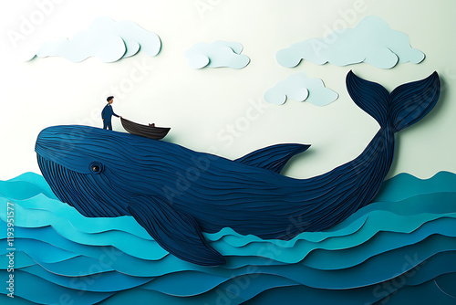 A paper-cut style illustration of a man in a boat atop a giant whale in a stylized ocean. photo