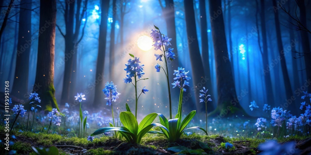 Fototapeta premium Enchanted Forest Blooms Mystical Blue Flowers Glowing in a Dreamlike Setting