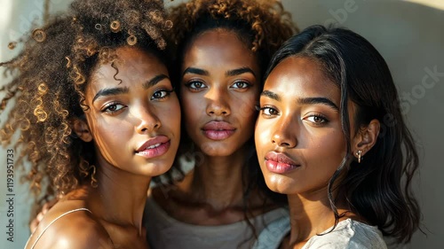 Sisterhood in Soft Light: Three women of color, sisters perhaps, share a close embrace and a look of mutual affection, bathed in warm, natural light, highlighting their beauty and connection. 