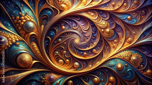 Abstract swirling gold and teal fractal artwork featuring ornate patterns and pearl-like spheres.