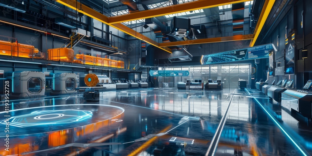A futuristic industrial space featuring advanced technology and machinery. A futuristic industrial space featuring advanced technology and machinery.