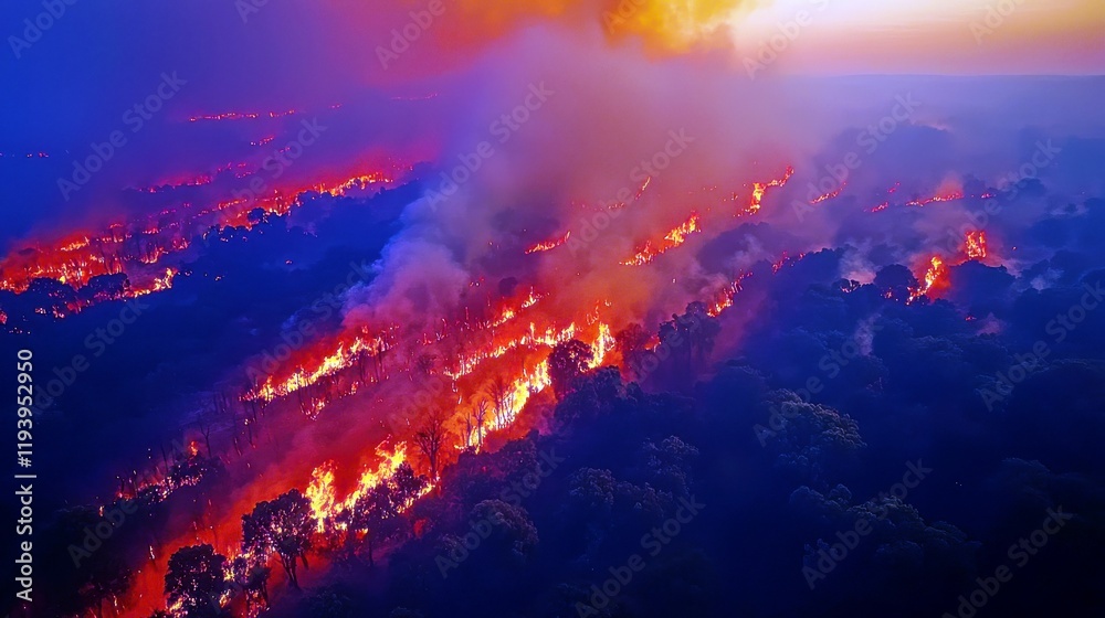 Dramatic Aerial View of a Wildfire Ravaging Dense Forest with Intense Flames and Thick Smoke Rising into the Twilight Sky Dramatic Aerial View of a Wildfire Ravaging Dense Forest with Intense Flames and Thick Smoke Rising into the Twilight Sky