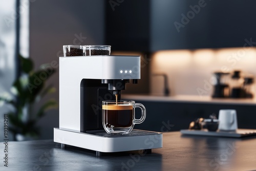 Modern Coffee Maker Brewing Fresh Espresso in Stylish Kitchen with Minimalist Design Elements