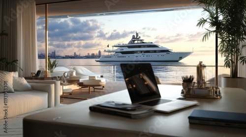 Luxury Yacht Sunset View from Modern Office photo