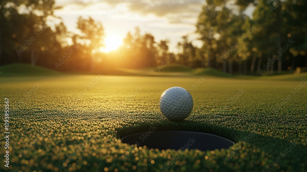 A golf ball poised near a hole on a lush green course at sunset. A golf ball poised near a hole on a lush green course at sunset.