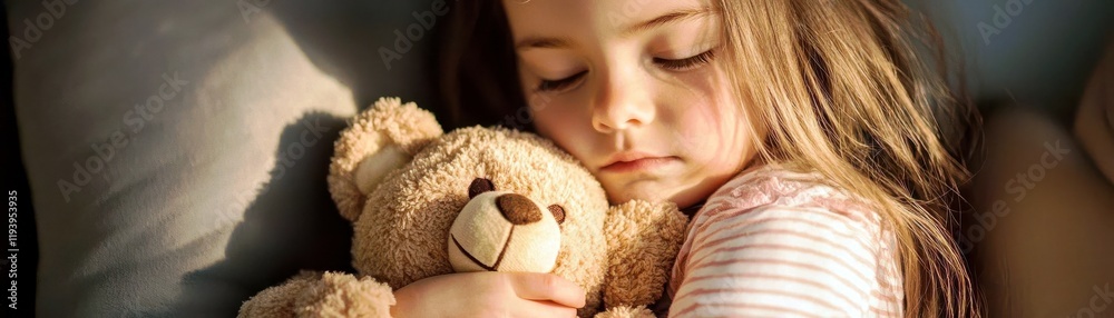 A young child peacefully sleeping with a soft teddy bear in her arms, showcasing innocence and comfort in a cozy bedroom setting with soft lighting. A young child peacefully sleeping with a soft teddy bear in her arms, showcasing innocence and comfort in a cozy bedroom setting with soft lighting.
