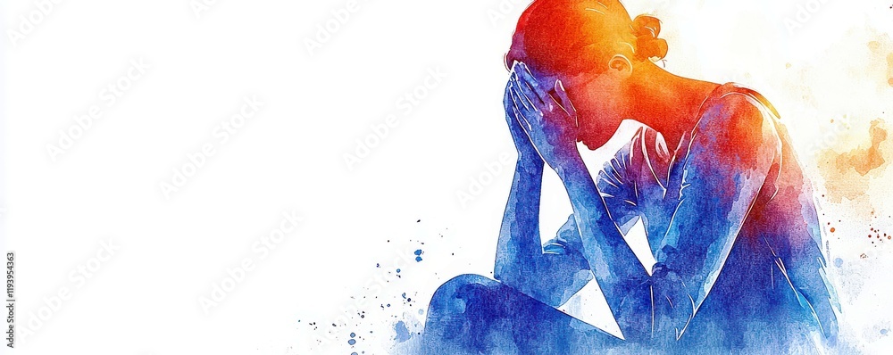 Obraz premium Emotional portrait of a woman sitting with head in hands, expressing feelings of sadness and despair through a watercolor effect, suitable for mental health themes