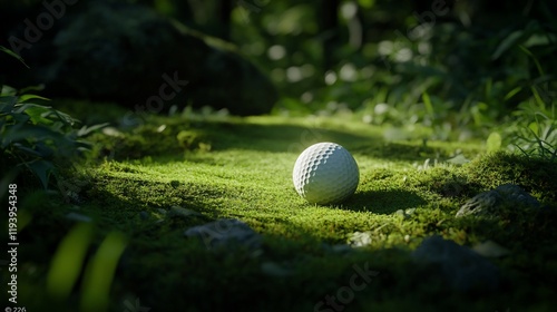 A golf ball resting on lush green grass in a serene outdoor setting.
