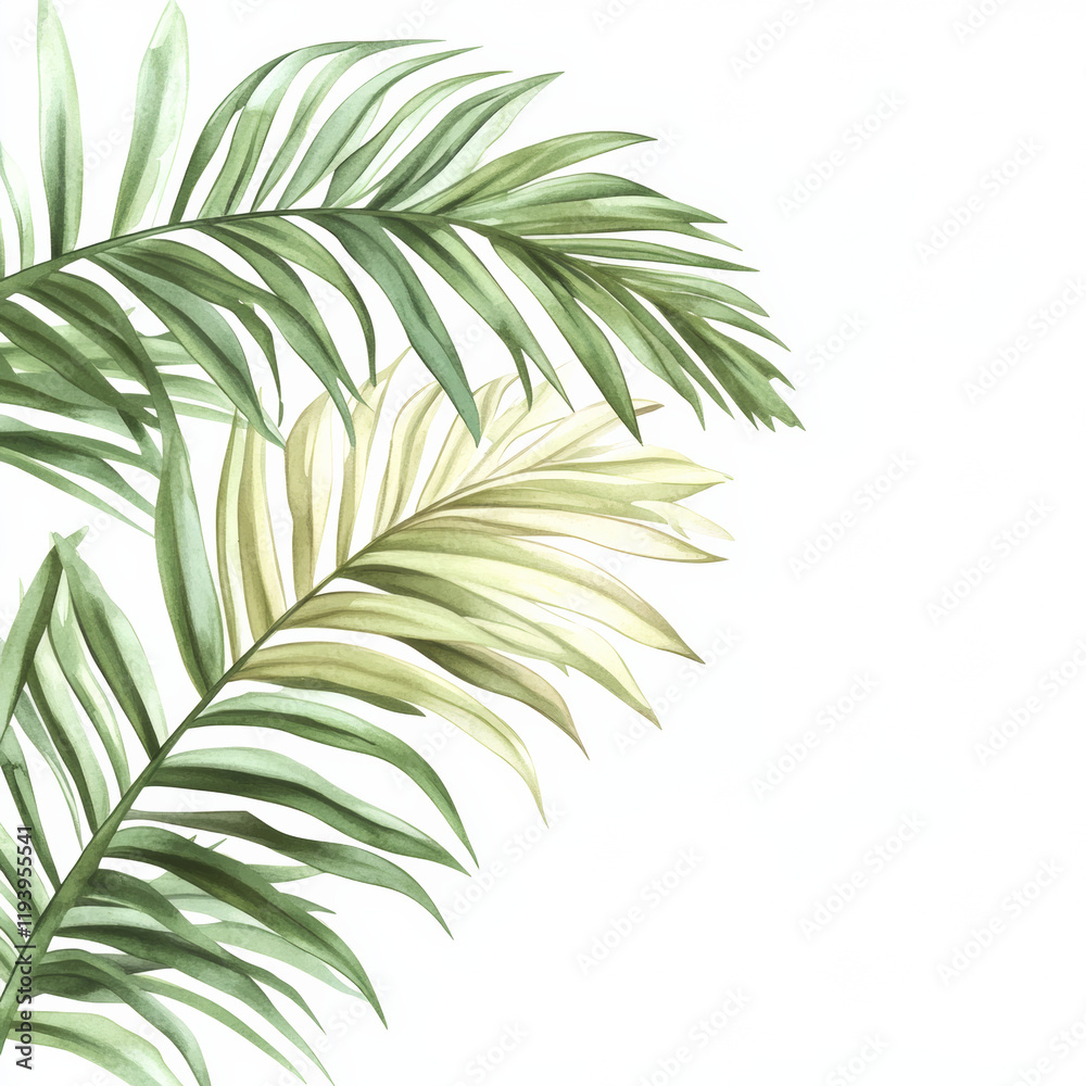 Fototapeta premium Palm leaves on white background, simple watercolor