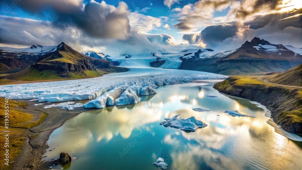 Obraz premium Iceland Glacier Lagoon Aerial Minimalist Photography: Svinafellsjokull Jökulsárlón Global Warming Impact