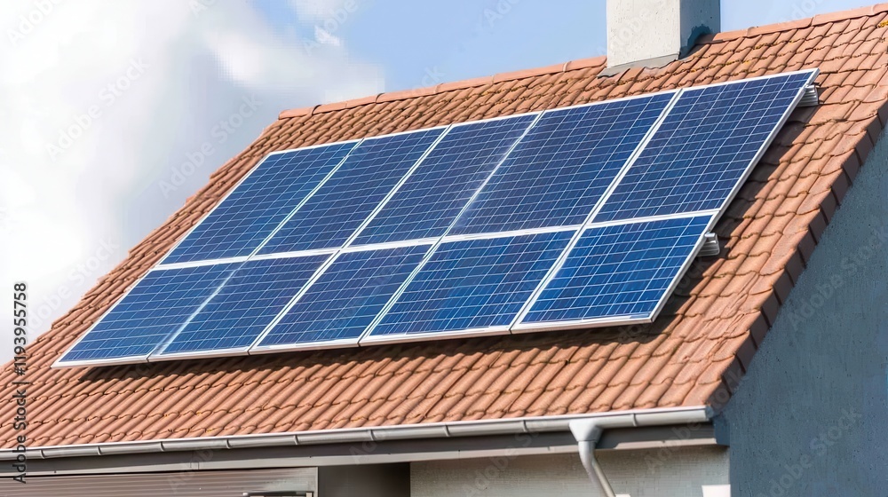Solar panels installed on a residential roof under a clear sky. Solar panels installed on a residential roof under a clear sky.