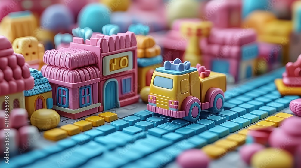 Fototapeta premium Colorful miniature town with a toy truck.