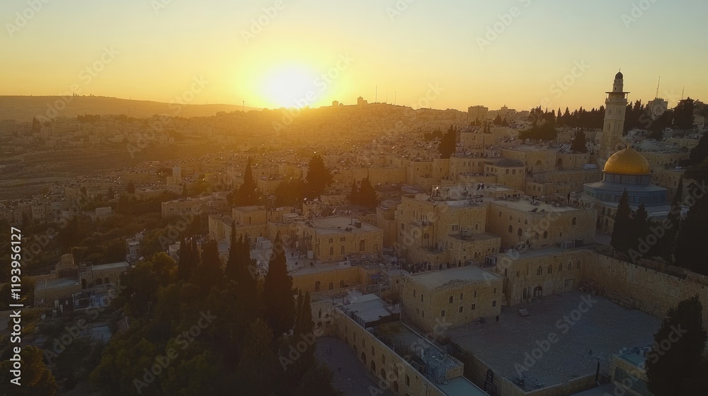 Fototapeta premium The cityscape of Jerusalem at dawn, showcasing the ancient architecture, religious landmarks, and timeless beauty of the Holy City.