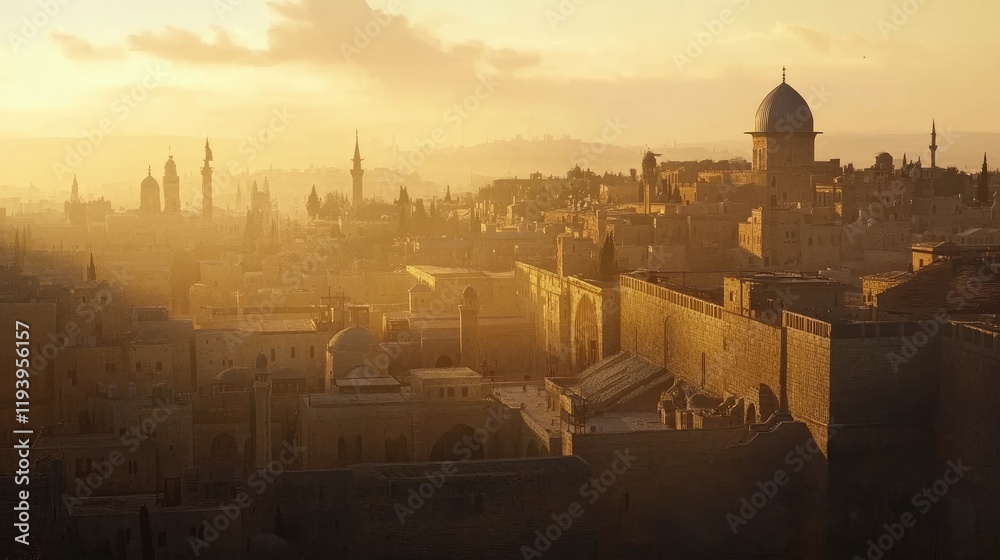 Naklejka premium The cityscape of Jerusalem at dawn, showcasing the ancient architecture, religious landmarks, and timeless beauty of the Holy City.