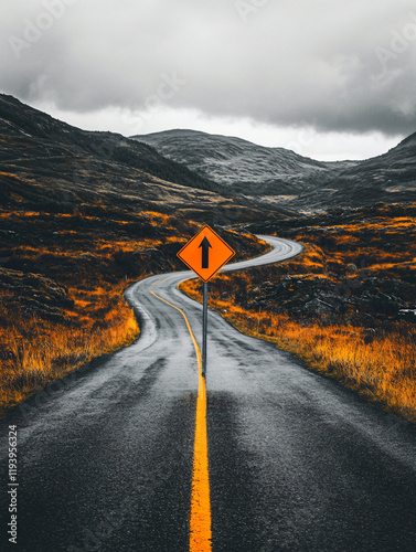 Dynamic road sign guiding driver winding path vibrant landscape bold curve dramatic contrast bright directional marker surreal artistic composition dynamic wallpaper wall art concept black red white