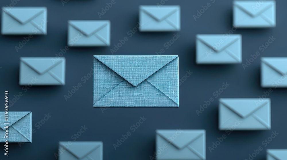 Blue envelopes arranged with one prominent envelope, symbolizing communication and messages. Blue envelopes arranged with one prominent envelope, symbolizing communication and messages.