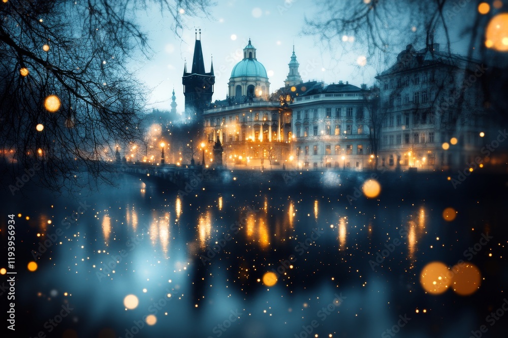 Obraz premium A magical depiction of Theatre Vltava floating above the Vltava River, surrounded by glowing stars, enchanted trees, and swirling mist in a twilight setting