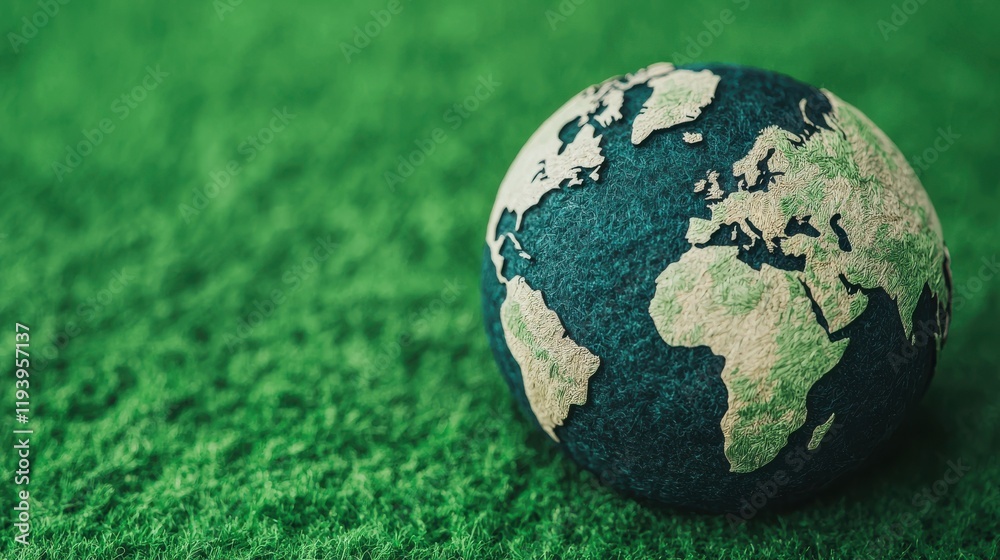 A globe resting on green grass symbolizes environmental awareness and sustainability. A globe resting on green grass symbolizes environmental awareness and sustainability.