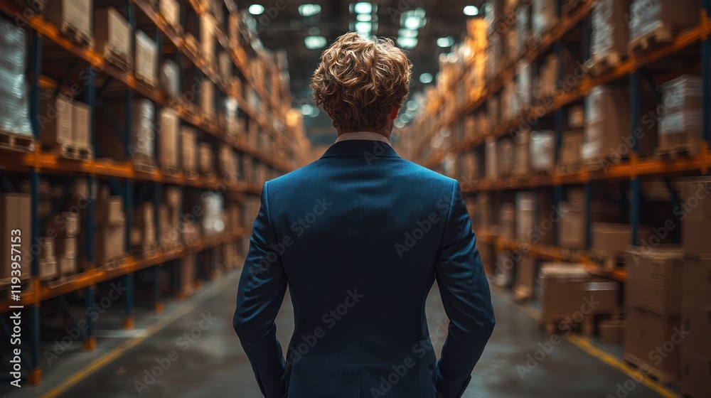 Fototapeta premium Businessman in a warehouse, contemplating logistics.