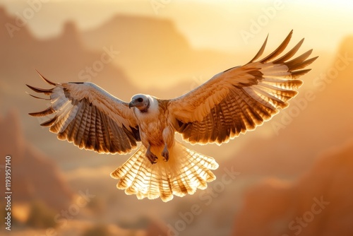 A majestic vulture soaring over a canyon, with the vast red-rock formations stretching into the distance photo