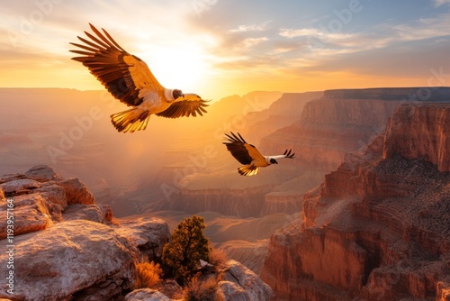 A majestic vulture soaring over a canyon, with the vast red-rock formations stretching into the distance photo