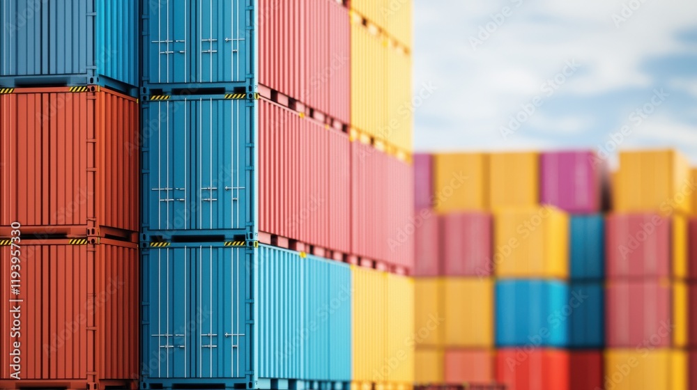 Fototapeta premium Colorful shipping containers stacked against a bright sky, showcasing logistics and transportation themes.
