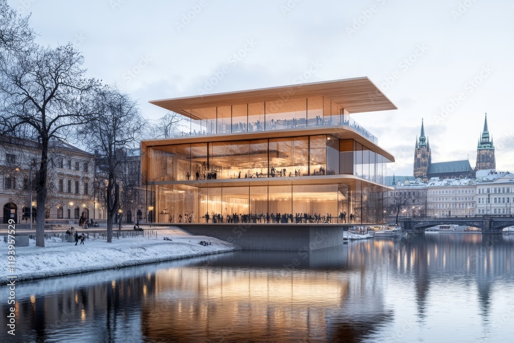 Fototapeta premium A minimalist design of Theatre Vltava facade, outlined in sleek gold lines with the Vltava River subtly represented below