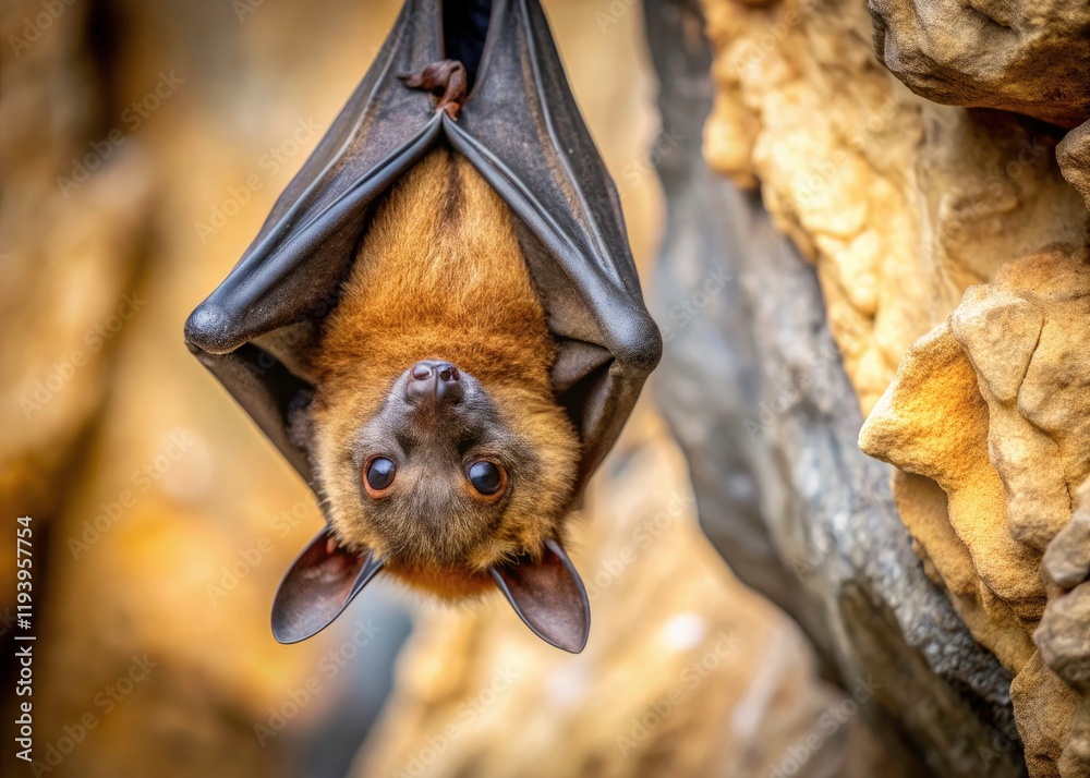 Naklejka premium Brown and Black Bat Hanging from Rock, Captivating Look at Camera – Nature Photography, Wildlife, Animal Portraits, and Bats in Their Habitat