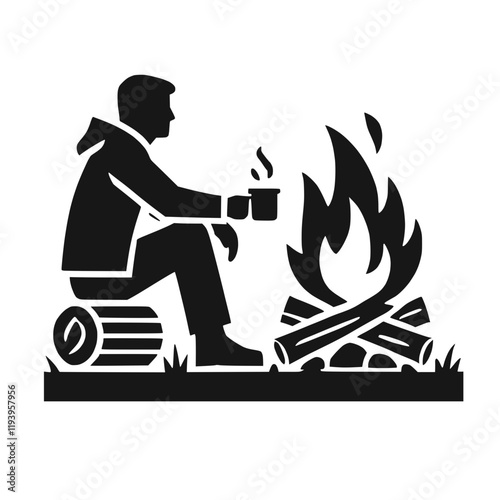 Sitzender Camper am Lagerfeuer – Silhouette im Outdoor-Stil – KI generiert