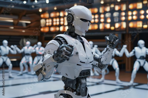 A futuristic scene featuring a humanoid robot in an action pose, with multiple similar robots in the background.