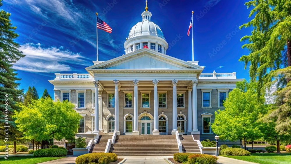 Obraz premium Majestic Neoclassical Nevada State Capitol Building in Carson City with Gleaming Dome and Pillars Surrounded by Lush Greenery and Blue Skies - High Depth of Field Capture
