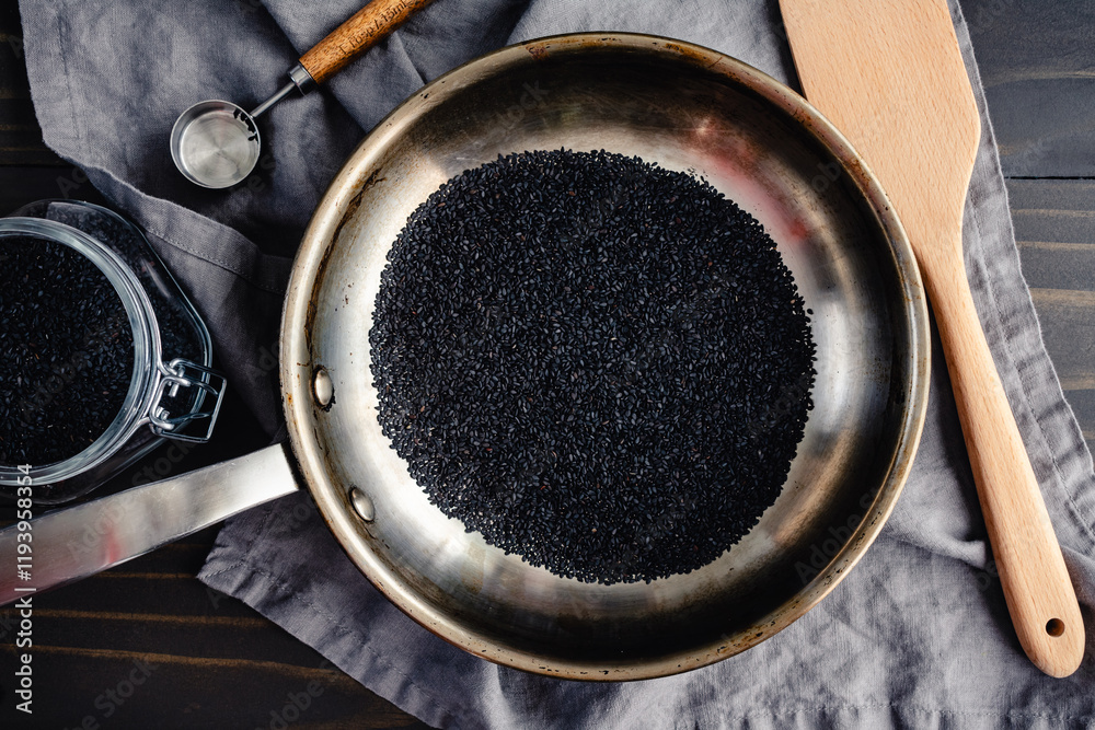 Toasted Black Sesame Seeds in a Small Skillet: Directly above toasted black sesame seeds in a stainless steel skillet with a wooden spatula Toasted Black Sesame Seeds in a Small Skillet: Directly above toasted black sesame seeds in a stainless steel skillet with a wooden spatula